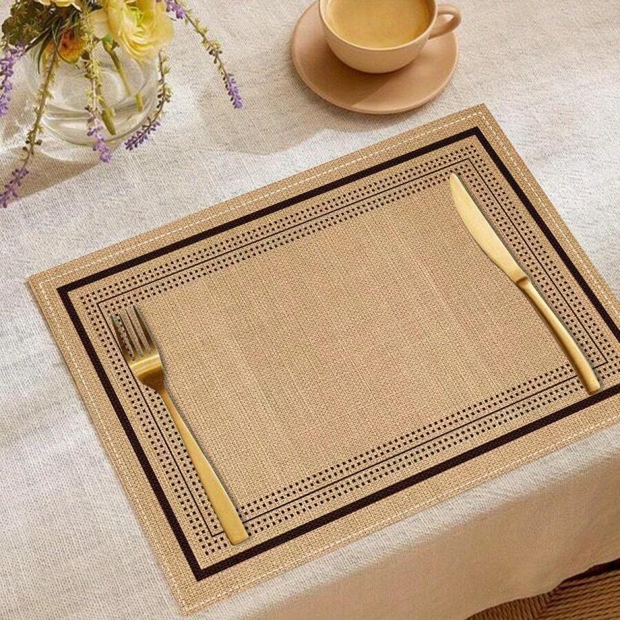 Multi-Pack Linen-Style Placemats With Classic Border Designs. 100% Polyester, Non-Slip, Heat-Resistant, Easy To Clean. Neutral Tone, Perfect For Everyday Meals And Home Decor.