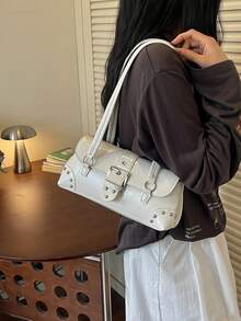 Women's Shoulder Bag, Fashion Studded Motorcycle Bag, Gold Street Style Versatile Underarm Bag, Baguette Bag - White - View 5