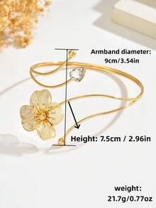 1pc Fashionable Textured Floral Micro-Inlaid White Rhinestone Decorated Metal Arm Cuff For Women, Simple Hollow Geometric Open Adjustable Arm Accessory Suitable For Music Festivals, Proms And Parties - Gold - View 5
