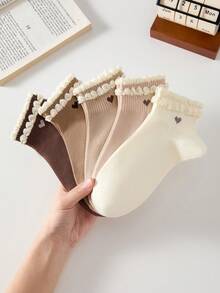 5 Pairs White Heart Pattern Ruffle Short Socks, Breathable And Fashionable, Suitable For All Seasons, Perfect For Sports And Casual Wear - Multicolor - View 5