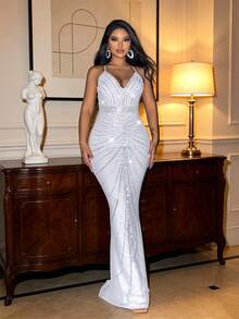 Mermaid Hem Rhinestone Strap Formal Evening Gown, White Elegant Ball Gown For Prom, Dinner, Wedding Guest, Graduation Party - White - View 6