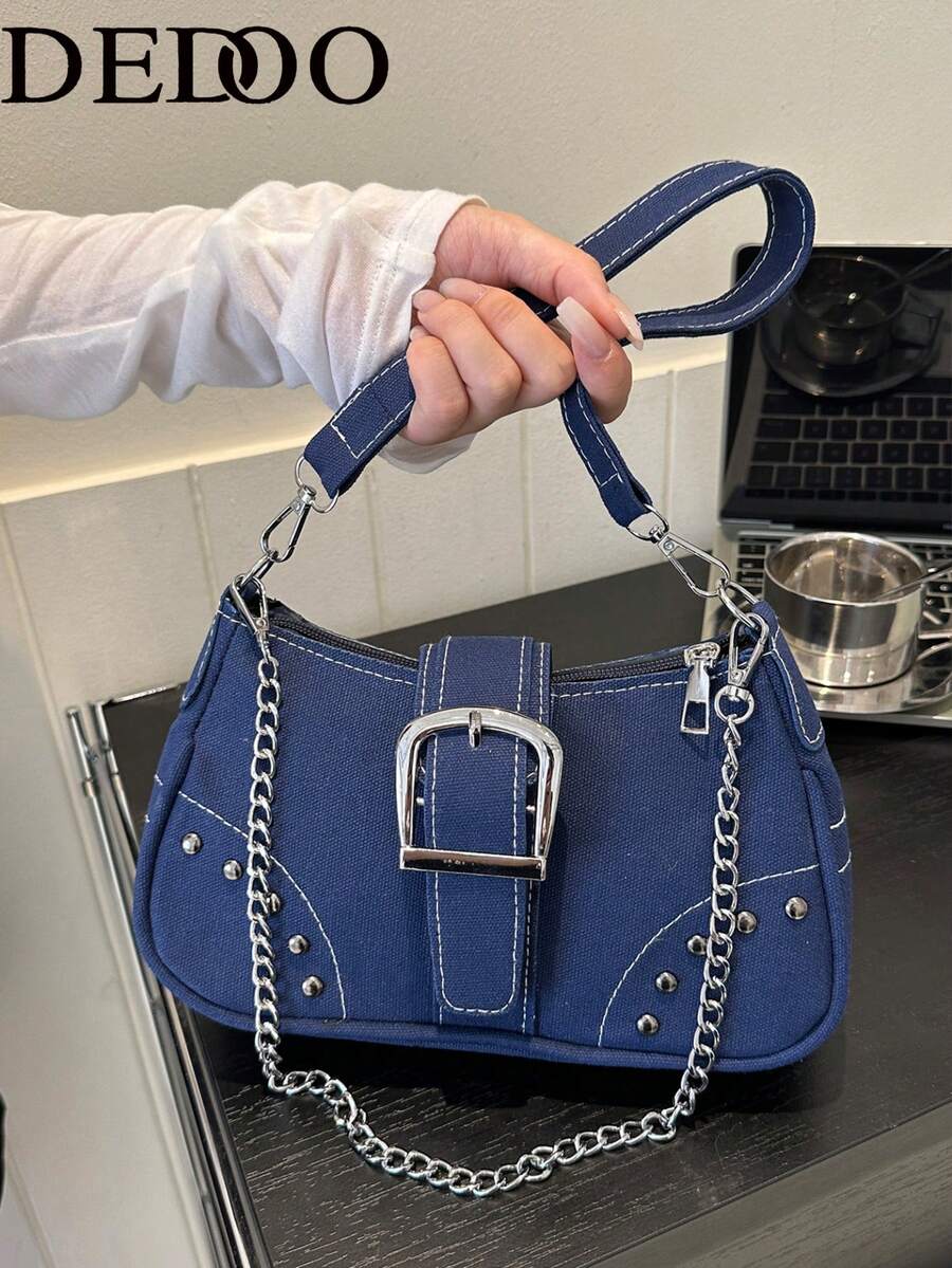 1pc Women's Colorblock Spice Girls Style Slim Daily Zipper Bag, Suitable For Party & Holiday, Large Capacity Fashionable Versatile Chain Bag