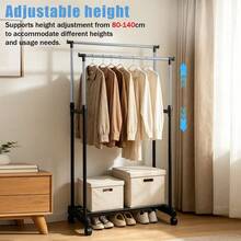 Ein Wäscheständer mit Rollen, doppelten horizontalen Stangen, verstellbar von 80-140 cm, zusammenklappbarer, robuster Wäscheständer, ausgestattet mit Rollen, geeignet für Schlafzimmer, Wohnzimmer, Terrassen, Innenhöfe und Balkone. - A - Übersicht 3