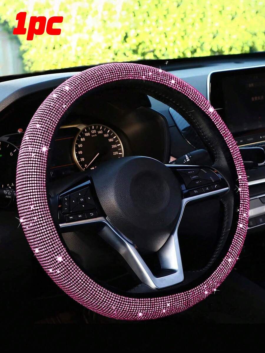 1 pieza Funda para volante con base rosa brillante y cristales de diamante, protector de volante antideslizante y transpirable (se ajusta a 14.2"-15.3" pulgadas) - Morado - Ver 1