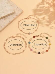 3pcs Fashion Colorful Four-Leaf Clover Decor Rhinestone Women's Foot Jewelry Suitable For Daily Wear, Beach Travel And Dating, Handmade Chain Cut To Length, Number Of Sections And Color Arrangement Not Fixed, Four-Leaf Clover Color Quantity And Arrangement Also Random - Multicolor - View 4