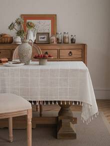 Bubaba Farmhouse Textured Plaid Tassel Tablecloth, Linen-Feel Rectangular Dining Table Cover, French Country Kitchen And Dining Room Decor - Multicolor - View 3