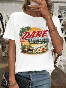 Camiseta de verano vintage con estampado gráfico, cuello redondo, corte relajado, estilo hip-hop urbano, ajuste cómodo, dise?o gráfico. - Blanco - Ver 1