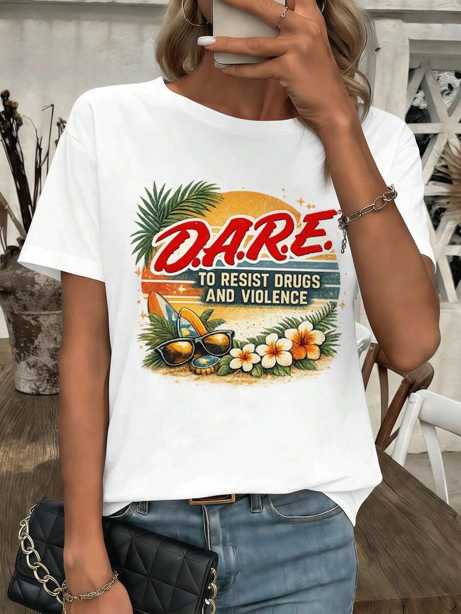 Camiseta de verano vintage con estampado gráfico, cuello redondo, corte relajado, estilo hip-hop urbano, ajuste cómodo, dise?o gráfico. - Blanco - Ver 1
