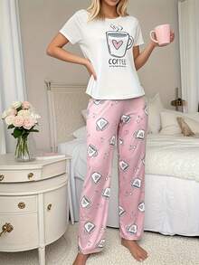 White Printed Short Sleeve Top And Printed Long Pants 2 Pieces Pajama Set For Women - White - View 3
