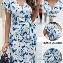 Fengyu Women's Clothing Store Vestido de verano elegante con cuello en V, mangas cortas, volantes en el bajo y parches de colores contrastantes para mujer - Azul y blanco - Ver 1