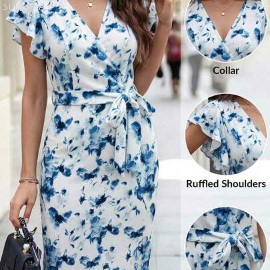 Fengyu Women's Clothing Store Vestido de verano elegante con cuello en V, mangas cortas, volantes en el bajo y parches de colores contrastantes para mujer - Azul y blanco - Ver 1