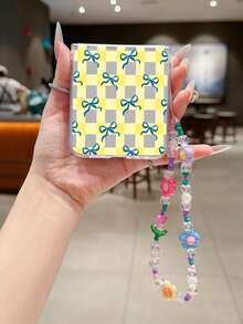 1PC Fashion Matte PC Material Simple And Cute Yellow Checkered Bow ElementFolding Phone Case, Paired With Same Color Bracelet, Can Protect And Prevent Falling For: SamsungGalaxy Zflip 3/Zflip 4/Zflip 5/Zflip 6/Zflip 7/Zflip 8/ Razr 60/ Razr 50/ Razr 70/Galaxy Z Flip7 FE - Transparent Yellow - View 3