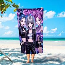 霓虹風格 K-POP 女團動漫印花超細纖維沙灘巾，吸水快乾無毛屑浴巾，海邊游泳度假毛巾 - A - 查看 6