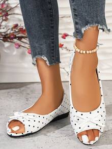 Women's Fashion Round Toe Open Toe Spring Summer Plus Size Slip-On Comfortable Elegant Flat Sandals - White Polka Dot Bow - View 5