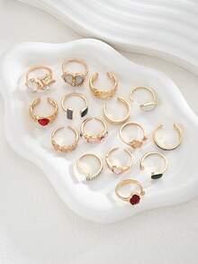 Juego de 15 anillos de mujer estilo vintage elegante Old Money de lujo en dorado, con gemas falsas de colores, efecto gota de aceite, ojo de gato y esmeralda, diseño asimétrico en espiral y corazón abierto, perfecto para uso diario, citas, fotografía, vacaciones y regalos - vistoso - Ver 3
