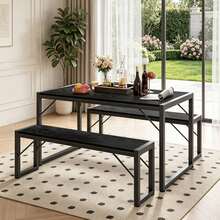 45.5" Dining Table Set For 4, Kitchen Table Set With 2 Benches,Christmas Gift And New Year Gift, Dining Room Table Set With Metal Frame & MDF Board, Space-Saving Dinette - 黑色 - 查看 1