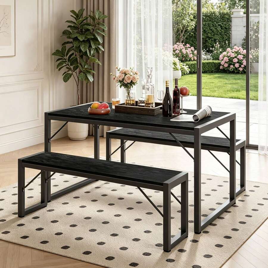 45.5" Dining Table Set For 4, Kitchen Table Set With 2 Benches,Christmas Gift And New Year Gift, Dining Room Table Set With Metal Frame & MDF Board, Space-Saving Dinette - 黑色 - 查看 1