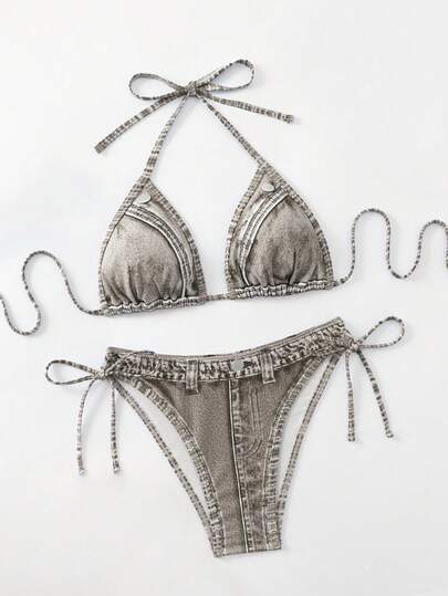 1 Set Women's Denim Print Halter Tie Bikini Swimwear, Fashionable & Sexy Two Pieces Swimwear Summer