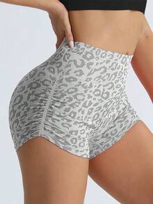 Pantalones cortos de yoga sin costuras con estampado de leopardo para mujer: pantalones deportivos ajustados y de cintura alta para levantamiento de glúteos - Marrón - Ver 6
