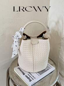 Women's Bucket Handbag, Fashionable Versatile Elegant Solid Color Striped White Bag With Scarf, Suitable For Shopping And Commuting, Includes Small Pouch - White - View 2