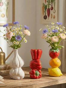 1pc Resin Vase, Cute Fruit & Vegetable Shaped, Novel Garlic/Strawberry/Bell Pepper Vase, Fun Kitchen Decor, Unique Aesthetic Vase Suitable For Living Room And Shelf Display, Elegant Farmhouse Home Decor, Quirky Gift For Dried Flowers And Pampas Grass - Multicolor - View 1
