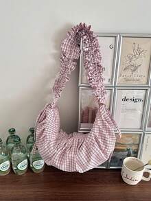 Nuova borsa a tracolla da donna stile casual alla moda, grande capacità, motivo a quadri fresco, plissettata, con tracolla regolabile, stile nuvola, stile coreano femminile, versatile, morbida e floscia, da portare a spalla o sottobraccio, adatta per studenti universitari, borsa per le lezioni, pendolarismo quotidiano, shopping, vacanze, a tracolla - Multicolore - Visualizzare 14