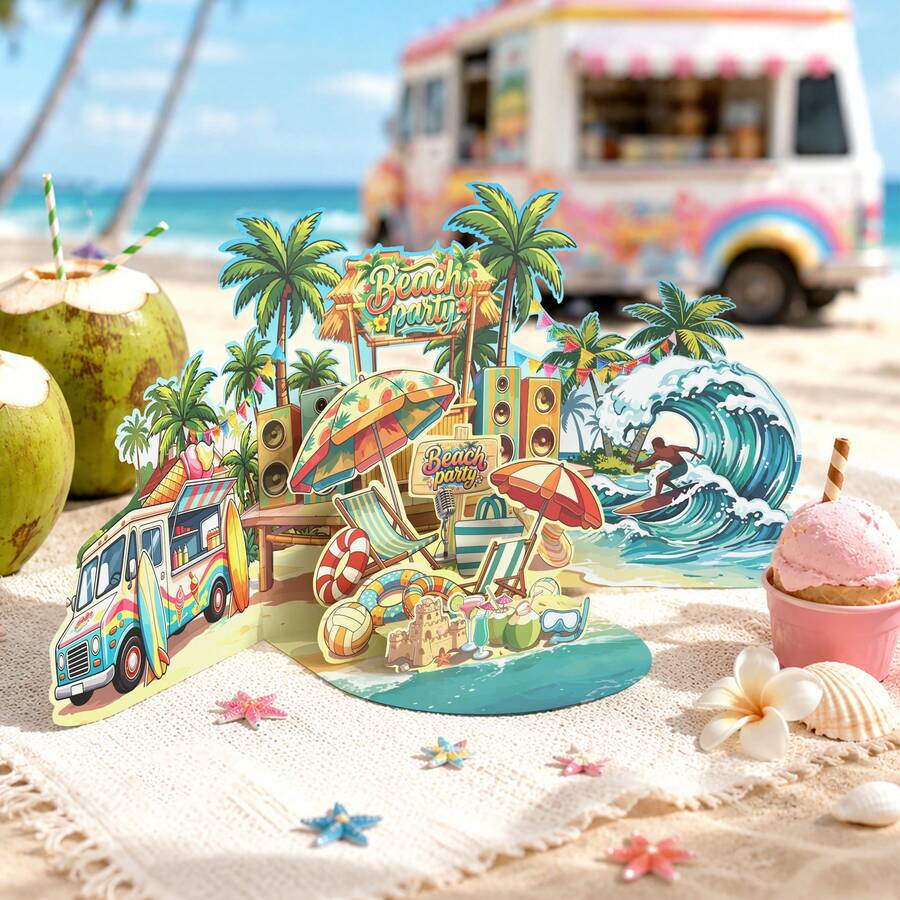 Kartu Pesta Pantai Pop-Up 3D dengan Amplop, Desain Pemandangan Selancar dan Pohon Palem, Dekorasi Pesta, Sempurna untuk Hadiah Ulang Tahun, Undangan Pesta, Hadiah Liburan, Hadiah untuk Teman dan Keluarga