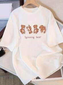 Women's Summer T-Shirt, 100% Cotton, Versatile Short Sleeve With Brown Bear Print, Casual And Original Style, Cute Short Sleeve T-Shirt For Going Out, Women's Tops - 黑色 - 查看 6