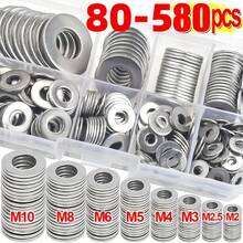 不鏽鋼平墊圈組 80-580入 9種尺寸(M2-M12) 適用於螺絲、螺栓與泥除擋板，圓形金屬件，適用居家裝飾、工廠維修、廚房、商店等 - 銀色 - 查看 1