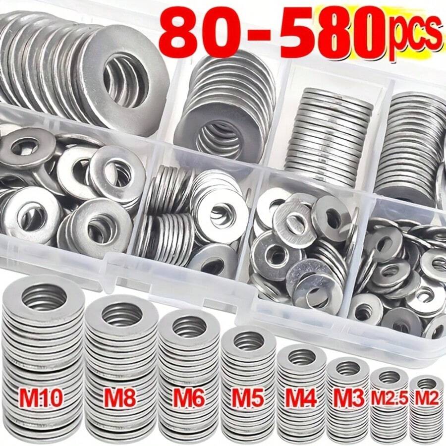 不鏽鋼平墊圈組 80-580入 9種尺寸(M2-M12) 適用於螺絲、螺栓與泥除擋板,圓形金屬件,適用居家裝飾、工廠維修、廚房、商店等 - 銀色 - 查看 1