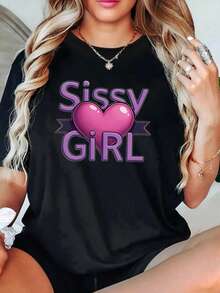Plus Size T-Shirt With "IRL" Inscription In Purple And A Pink Heart Graphic, Black Short-Sleeved T-Shirt With Round Neck And Print, Machine Washable, Suitable For - Black - View 1
