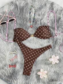 Sultry Sol 女款波點撞色印花平胸修身肩帶比基尼兩件套，中間飾金屬配件，度假海灘夏季款 - 彩色 - 查看 3