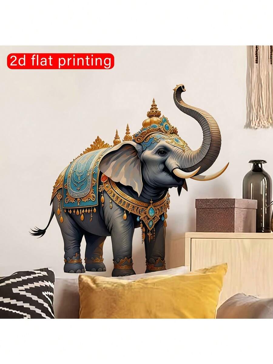 1PC Elegant Thai Elephant Wall Sticker, 2D Flat Printed Removable Self-Adhesive Vinyl Wall Decal, Bohemian Exotic Animal Pattern, Suitable For Living Room Home Decor - Thai Elephants - View 1