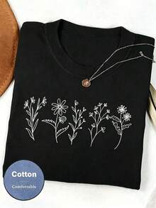 Women Floral Print Crew Neck Loose Casual T-Shirt, Short Sleeve Cheap Clothes Camiseta 100 Percent Cotton Clothing Women - 黑色 - 查看 7