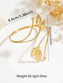 1pc Fashionable Personalized Double Leaf Texture Open Arm Cuff, Minimalist Textured 3D Leaf Geometric Open Adjustable Arm Decor, Suitable For Music Festivals, Balls And Parties - Gold - View 5