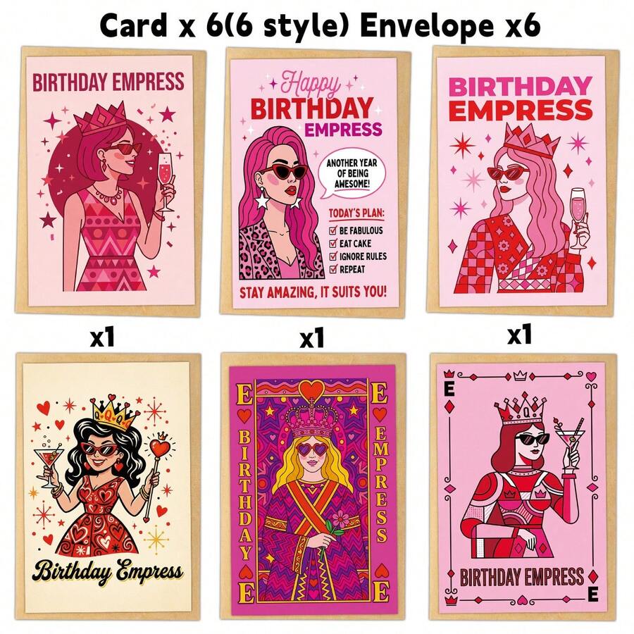 6Pcs Birthday Empress Greeting Cards Set, Y2K Aesthetic Pink Birthday Cards For Women, Retro Queen Playing Card Style Stationery, Funny BFF Sister Coworker Birthday Gift, Girl Power Birthday Wishes, 6 Styles With Envelopes