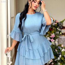jianchaimaoyi02 FleurLily Vestido corto elegante y casual de oficina con cuello redondo, volantes en la cintura y cinturón, talla grande - Azul - Ver 9