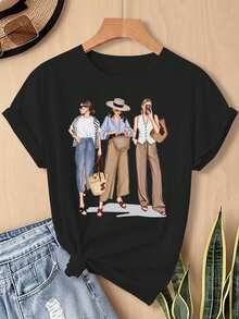 Top con estampado de personajes. Hermoso, elegante, talla grande. - Negro - Ver 1