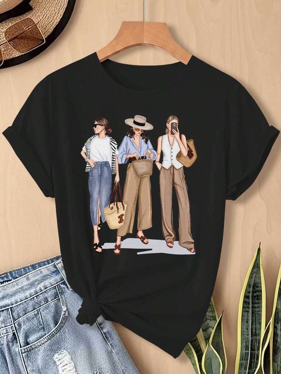 Top con estampado de personajes. Hermoso, elegante, talla grande. - Negro - Ver 1