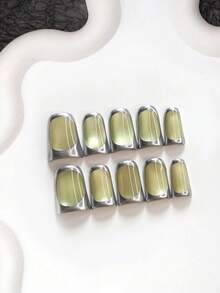 10件組前衛金屬感穿戴式美甲片，凝膠質感表面，大膽綠色設計，附美甲工具，3種尺寸可選：杏仁形/鴨嘴形/棺材形，適合派對、跳舞、日常配戴 - 彩色 - 查看 18