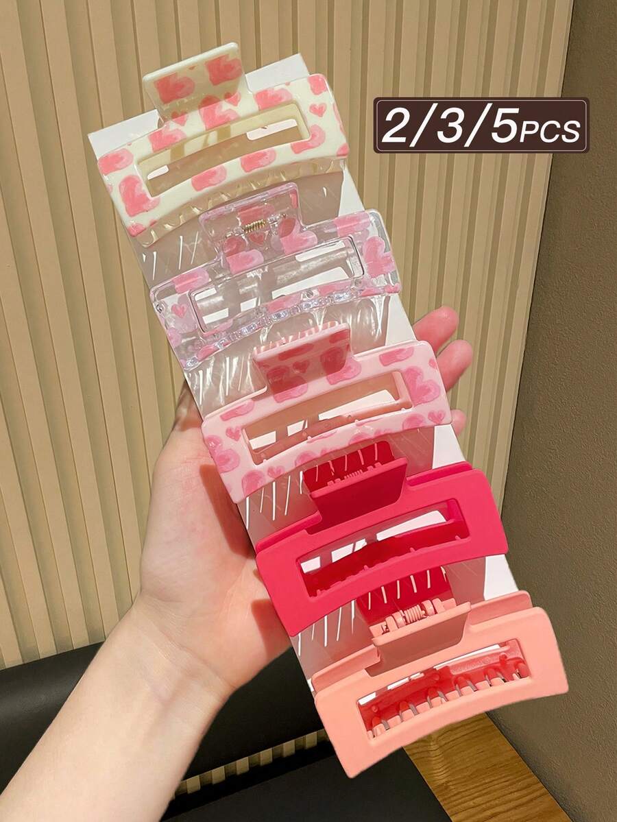 2/3/5入 女款粉色系時尚極簡中型方形髮夾，適合日常使用，推薦髮飾禮物 - 彩色 - 查看 1