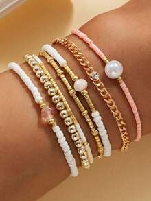 7pcs Delicate Pink & Gold Beaded Chain Multi-Layer Adjustable Stacking Bracelets Set, Jewelry Gifts For Friends, Suitable For Daily Wear, Party - Multicolor - View 1