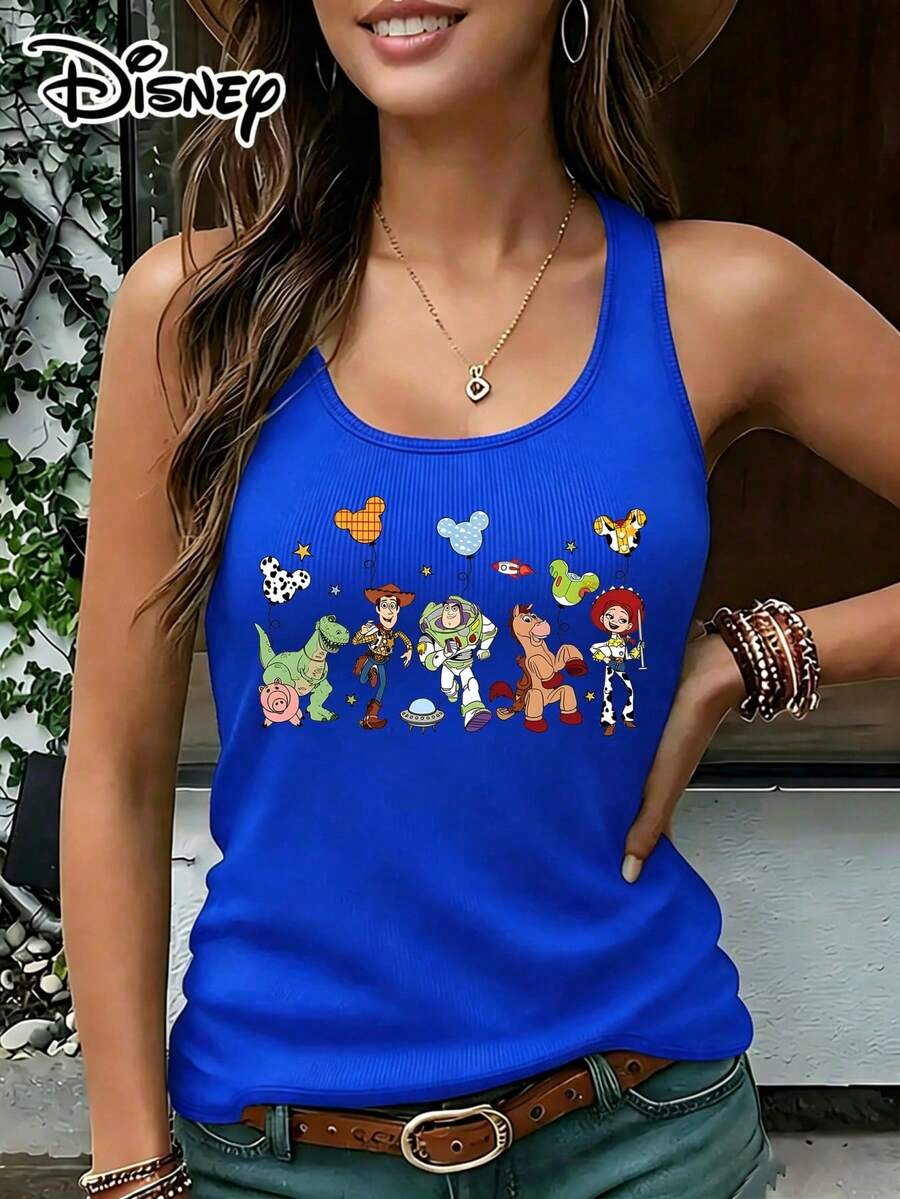 Disney Official Authorization| Women's Round Neck Sleeveless Vest. The Print Features Toy Story Characters Holding Mickey Mouse Balloons. - Blue - View 1