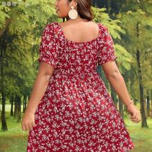 yonghongmaoyi1  VCAY Vestido corto de mujer talla grande con cuello de corazón floral negro, manga corta con cordón delantero - Verde - Ver 3