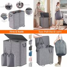 Lifewit Cesta Doble para Ropa Sucia con Tapa y Bolsas de Lavandería Extraíbles Grande Plegable Cesto para la Ropa Sucia con 2 Compartimientos y Asas para Dormitorio Baño Cuarto de Lavado - Gris - Ver 1