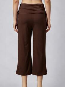 Womens Casual Capri Pants Solid/Dot Print Ruched Drawstring Waistband Wide Leg Trousers Lounge Pants - Coffee Brown - View 5