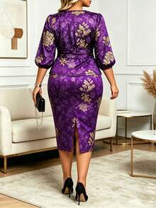 Conjunto de 2 piezas con estampado elegante para mujer talla grande, top de manga farol, ropa de verano para vacaciones - Morado - Ver 6