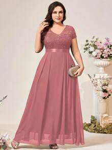 Talla Grande - Vestido de Encaje con Abertura en la Espalda y Ajuste en la Cintura para Mujer de Talla Grande - Albaricoque - Ver 10