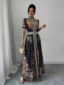 Vestido de Manga Corta con Estampado Floral y Cintura Ajustada al estilo Bohemio - amarillo ganso - Ver 11