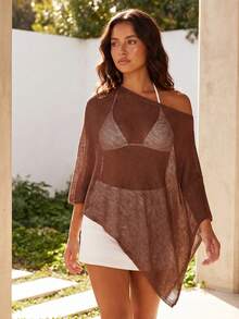 Womens Sheer Poncho Shrug Bolero Lightweight Summer Shrug Pullover Tops Y2K One Shoulder Asymmetric Loose Knit Shawl Beach Cover Ups - 棕色 - 查看 1
